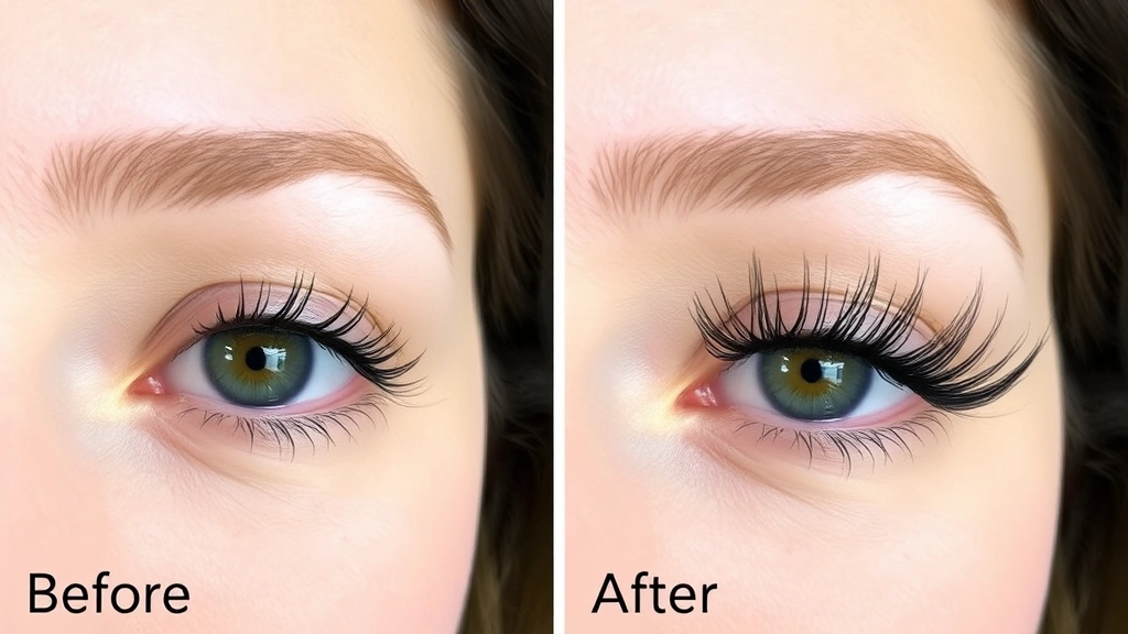 Before and after comparison showing a woman's eye with noticeably fuller, longer, darker eyelashes after using growth serum, emphasizing the dramatic difference in lash length and volume achieved
