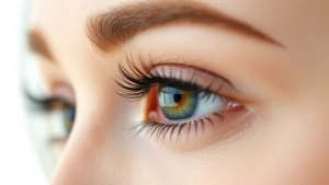 Close-up of a woman's eye with beautifully long, thick, dark lashes against a clean white background, professional beauty photography, natural lighting, serene expression