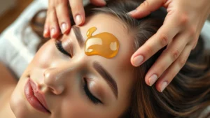 Close-up of someone receiving a scalp massage with warm oil, hands working through thick hair, natural lighting, peaceful expression, wellness focus, no products visible