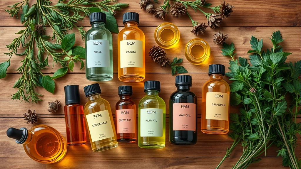Overhead view of various natural oils in glass bottles with fresh herbs nearby, arranged on wooden surface, warm lighting, wellness aesthetic, no brand names or text visible
