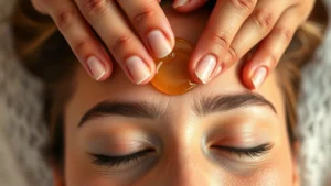 Close-up of hands massaging scalp with natural oil, person's face relaxed and eyes closed, warm lighting, healthy skin texture visible, promoting wellness and self-care