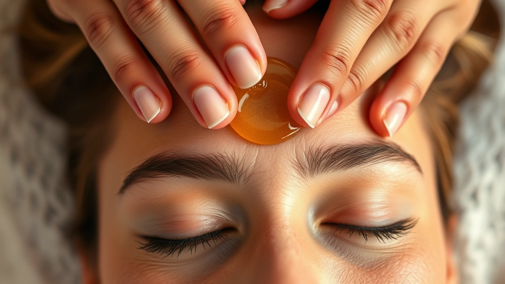 Close-up of hands massaging scalp with natural oil, person's face relaxed and eyes closed, warm lighting, healthy skin texture visible, promoting wellness and self-care