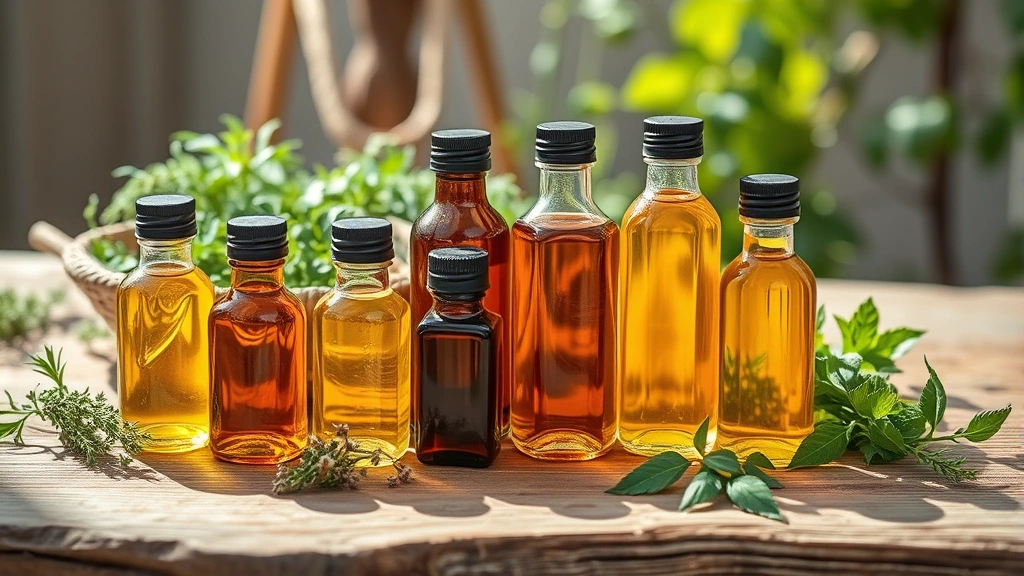 Assortment of golden and amber liquid oils in glass bottles arranged on natural wood surface with fresh herbs, botanical background, sunlight streaming across, representing pure natural ingredients