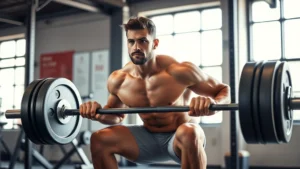 Athletic male with defined musculature performing a heavy barbell squat in a modern gym, focused expression, natural lighting from gym windows, showcasing muscle definition and proper form