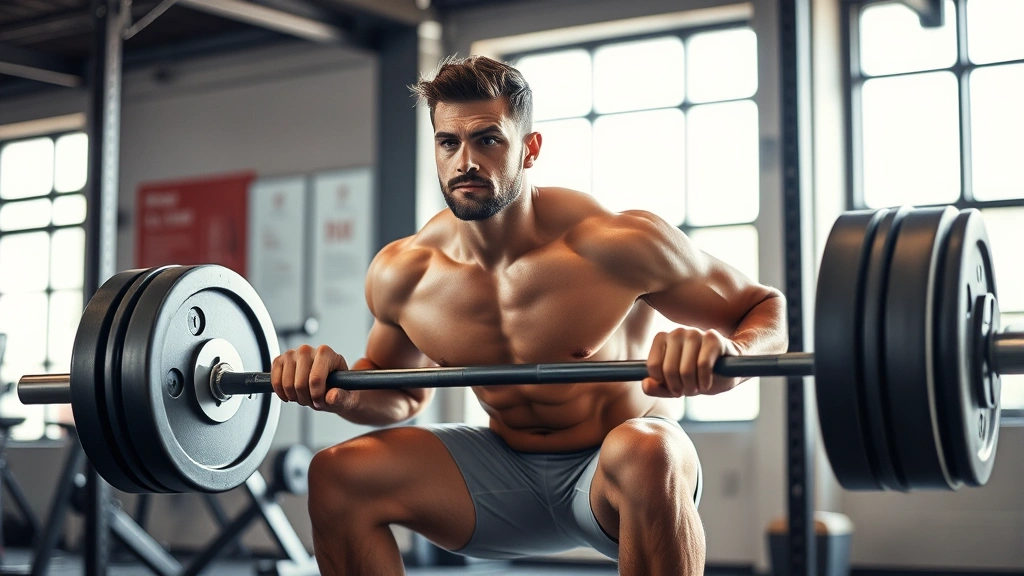 Athletic male with defined musculature performing a heavy barbell squat in a modern gym, focused expression, natural lighting from gym windows, showcasing muscle definition and proper form
