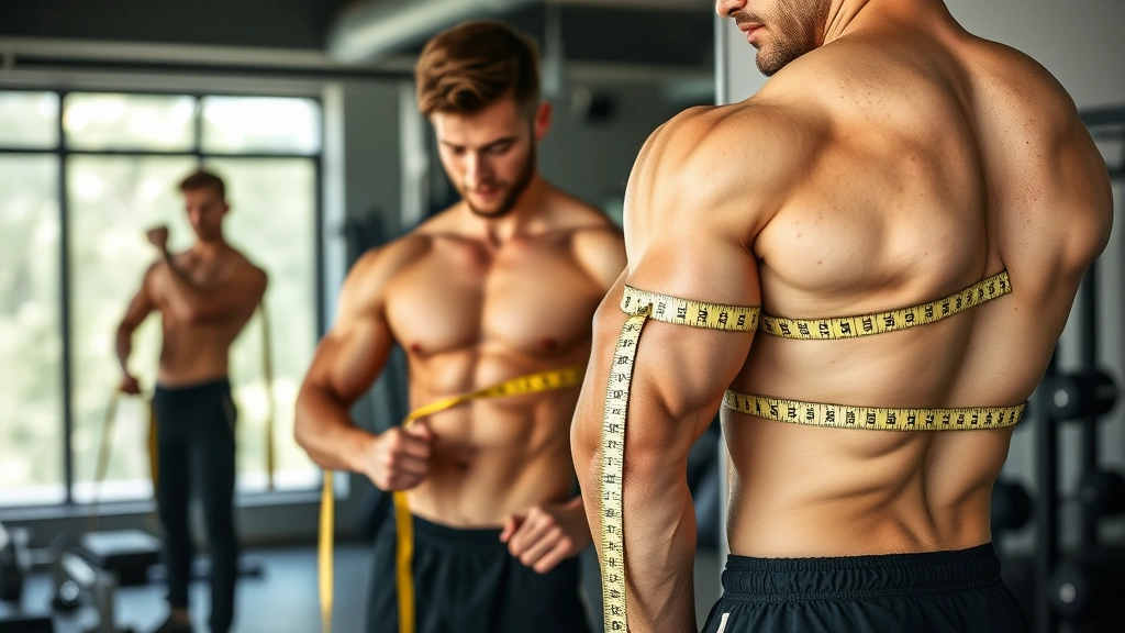 Fit individual measuring muscle development with a measuring tape around their arm, standing in front of a mirror with confident posture, natural gym setting in background, demonstrating progress tracking
