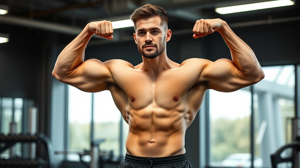 Fit athlete flexing muscular physique in modern gym with bright lighting, confident expression, athletic wear, close-up of defined shoulder and arm muscles