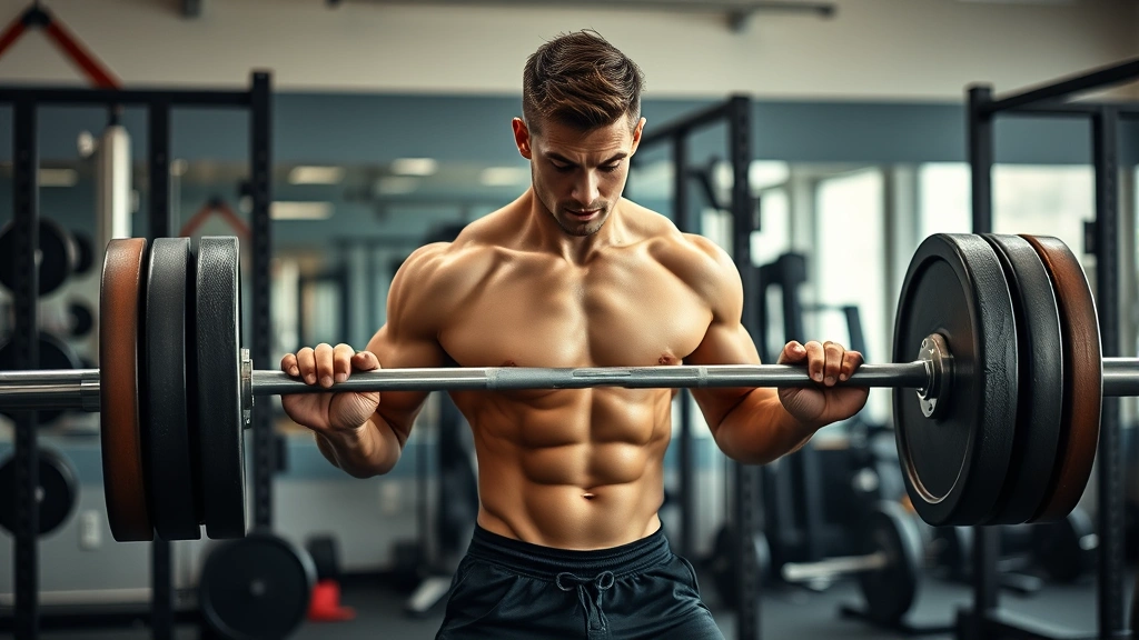 Person performing intense barbell deadlift with perfect form in well-equipped weight room, muscles engaged and visible, focused concentration, natural gym environment