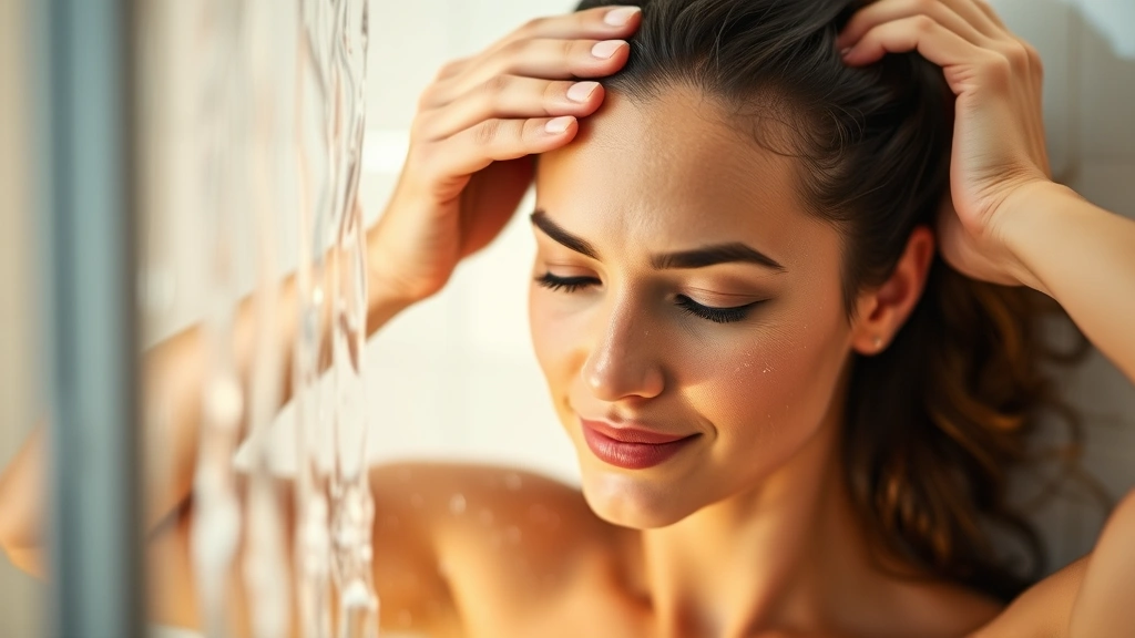 Woman massaging scalp with fingertips during shower, warm lighting, focused expression showing self-care routine, relaxed posture
