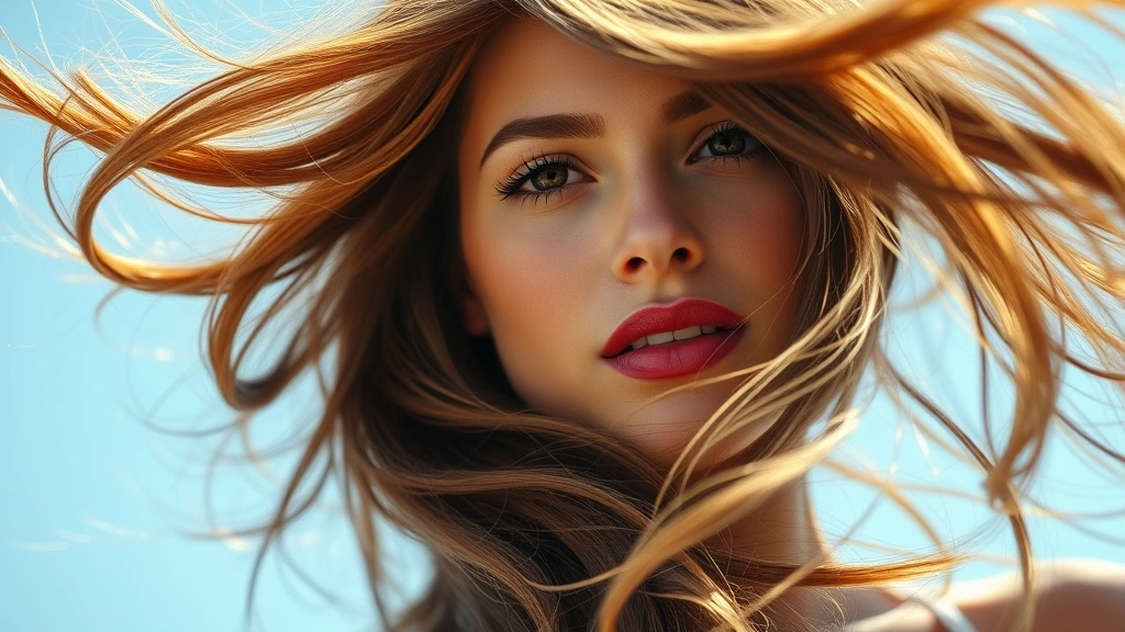 Woman with thick, voluminous healthy hair flowing in sunlight, confident expression, close-up of scalp and hair strands showing vitality and shine, natural lighting, photorealistic