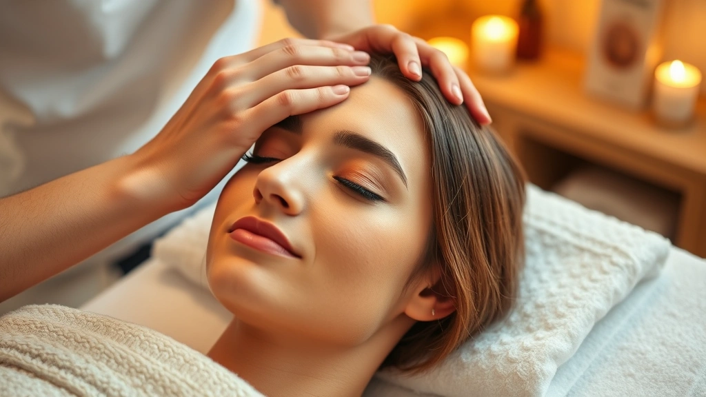 Person receiving professional scalp massage with fingertips, serene expression, demonstrating proper massage technique for hair growth stimulation, spa setting with warm lighting