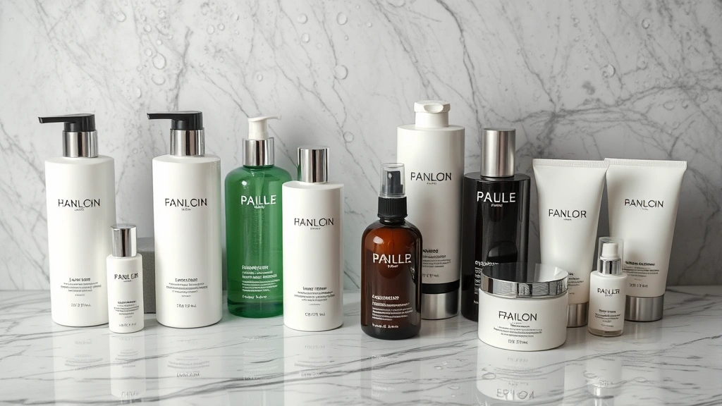 Array of premium hair care products displayed on marble surface with water droplets, professional product photography showing premium shampoo bottles and hair care items, minimalist aesthetic