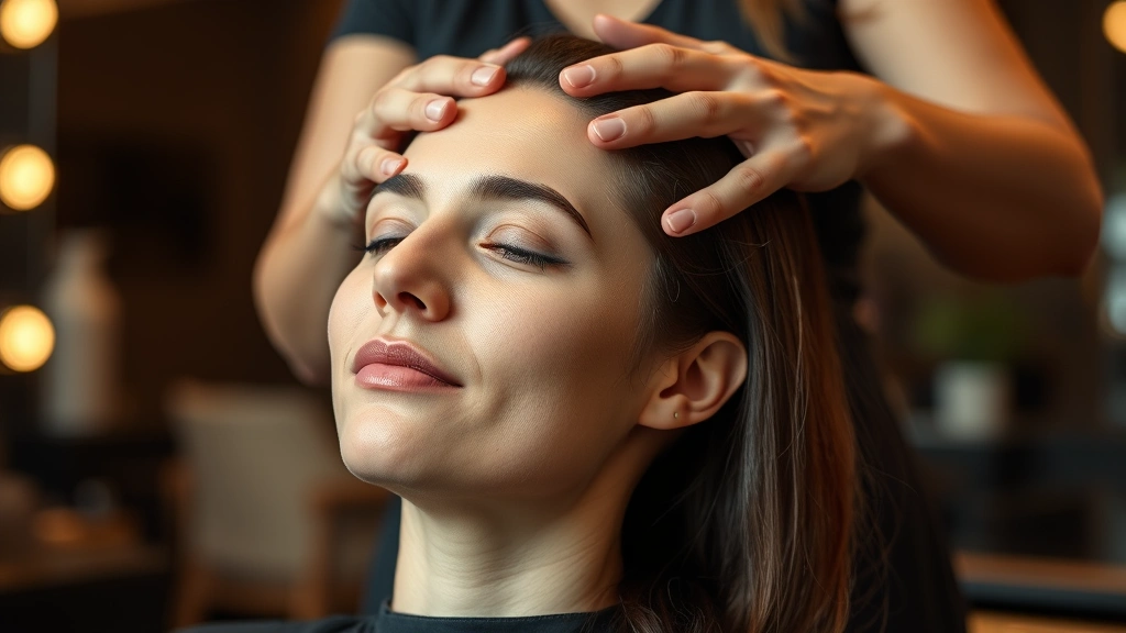Person receiving scalp massage from professional stylist, relaxed facial expression, hands working on scalp, warm salon lighting, focus on technique and care