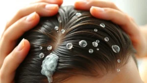 Close-up of healthy scalp with vibrant hair follicles, person applying shampoo with massaging fingers, natural lighting, professional wellness aesthetic