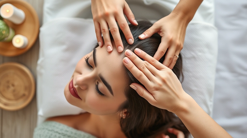 Overhead view of someone doing scalp massage with fingertips, relaxed expression, spa-like environment, demonstrating proper hair care technique mindfully