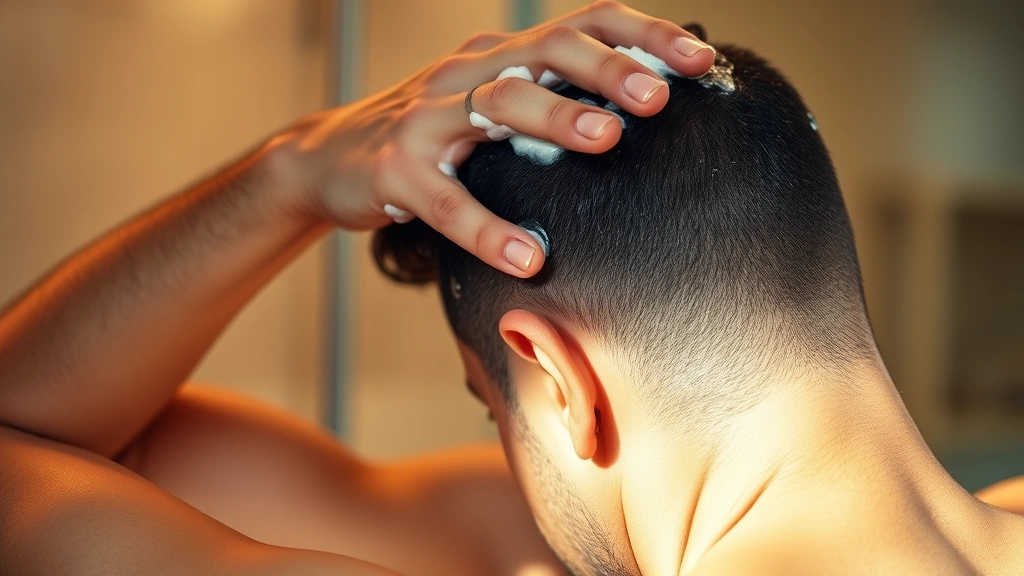 Man applying shampoo to scalp with gentle fingertip massage technique, demonstrating proper hair washing method, warm bathroom lighting, focus on scalp massage motion, photorealistic