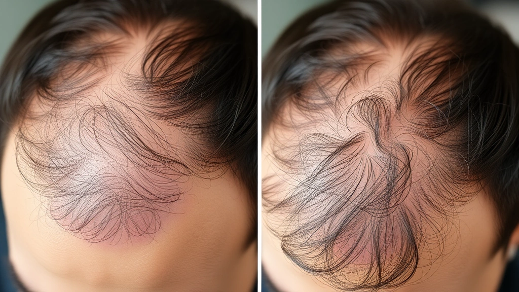Before and after visual representation of hair density improvement, close-up of scalp area showing fuller hair growth, professional dermatological photography style, natural lighting