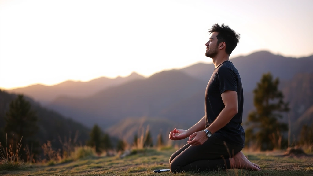 Individual kneeling in meditation posture in serene natural landscape, mountains and trees in background, golden hour lighting, face peaceful and contemplative, spiritual transformation moment