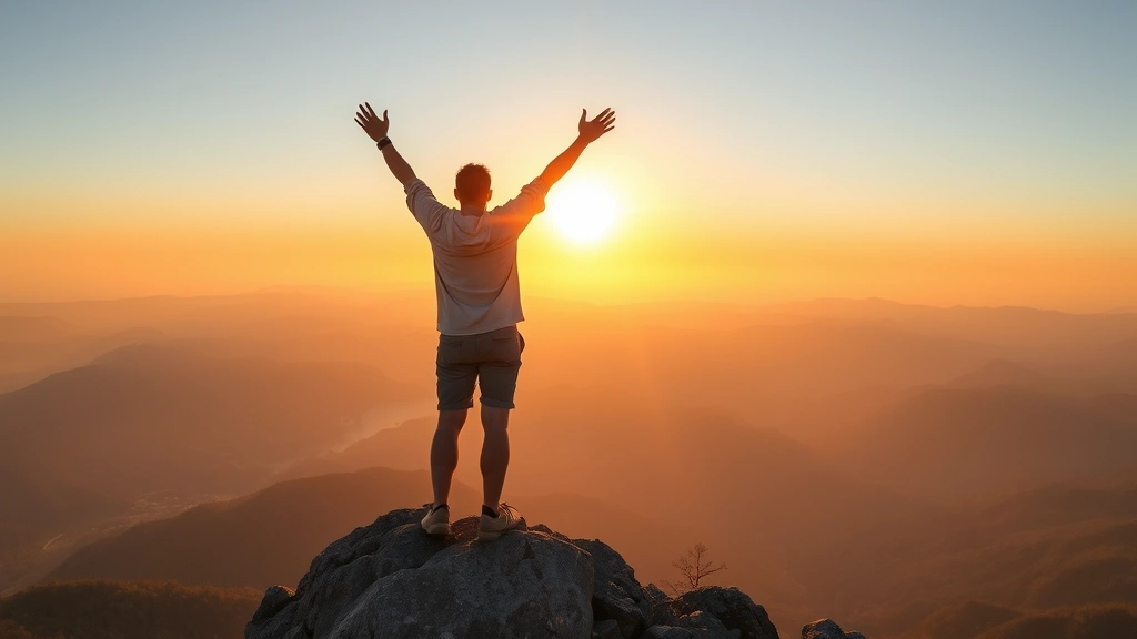Person standing on mountain peak at sunrise, arms raised in celebration and gratitude, peaceful landscape below, warm golden light, serene expression of spiritual awakening and personal triumph