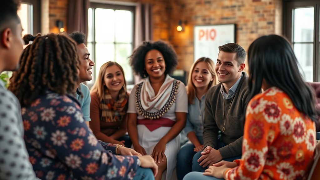 Group of diverse people in meaningful conversation circle, genuine smiles and engaged listening, warm indoor setting with natural light, representing community support and shared spiritual growth