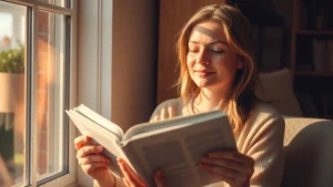 Person sitting in morning sunlight by a window, holding an open book with peaceful expression, warm golden light illuminating face, serene indoor setting, contemplative mood, personal reflection moment
