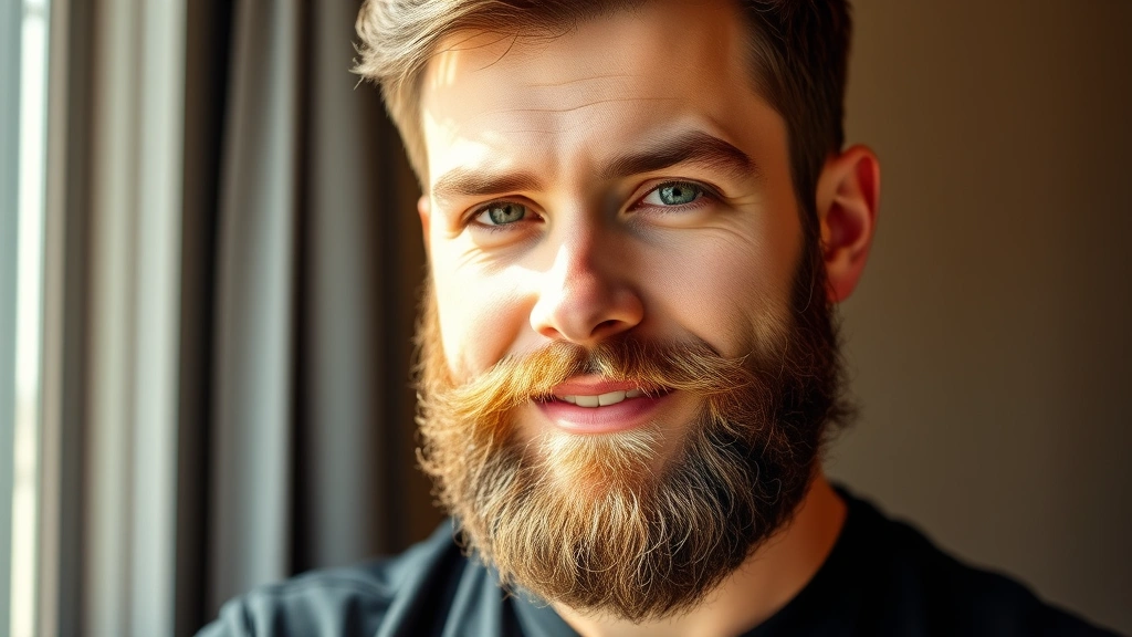 A confident man with a well-groomed full beard looking directly at camera, natural lighting from window, professional portrait style, showing healthy facial hair texture and thickness, warm neutral background