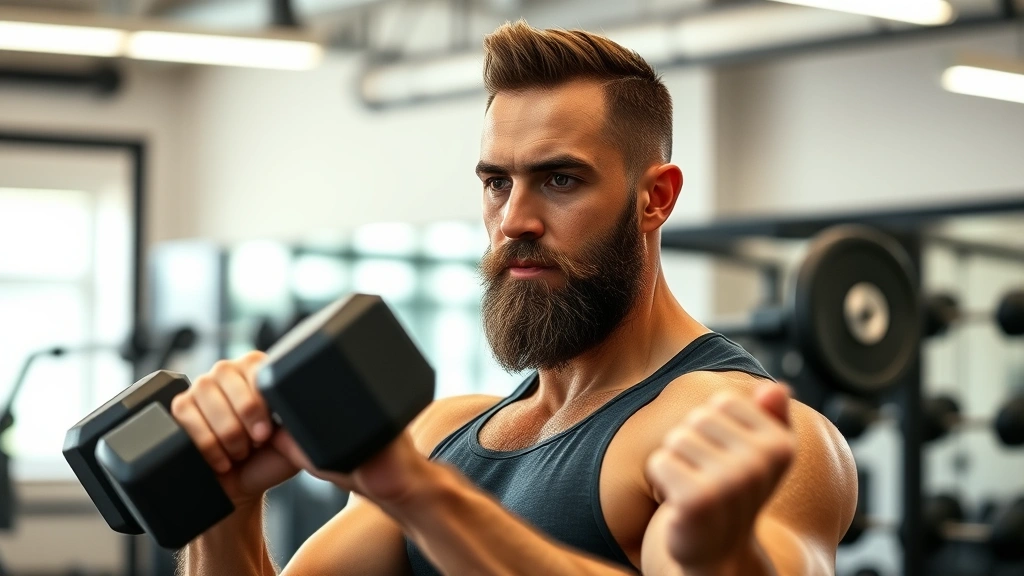 A fit man exercising in a gym doing resistance training with dumbbells, focused expression, natural athletic lighting, demonstrating physical health and strength that supports overall wellness and beard growth