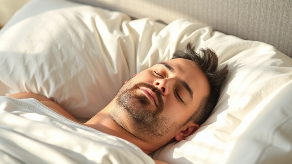A peaceful man sleeping deeply in comfortable bedding with natural morning light, relaxed facial expression, showing quality rest and recovery that supports hair health and growth cycles
