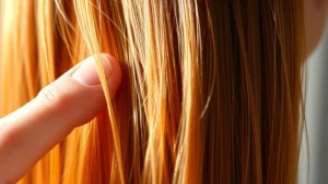 Close-up of vibrant, healthy hair strands catching natural light, showing thickness and shine, person running fingers through glossy hair