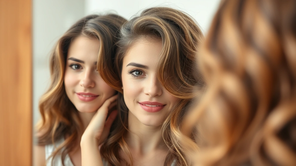 Woman examining her reflection showing noticeably fuller, thicker hair with improved texture and vitality, natural lighting