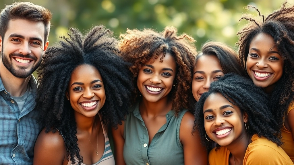 Diverse group of people displaying confident smiles with visibly healthy, strong hair of varying textures, outdoor natural setting