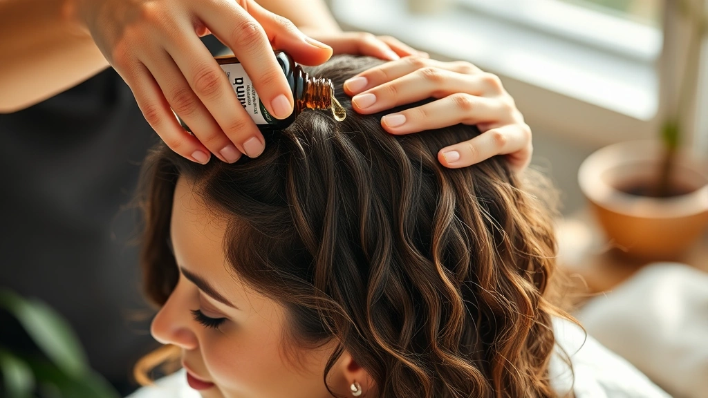 A person with visibly thick, healthy hair receiving a scalp massage with biotin oil, natural lighting highlighting hair texture and scalp health, serene spa-like environment, photorealistic