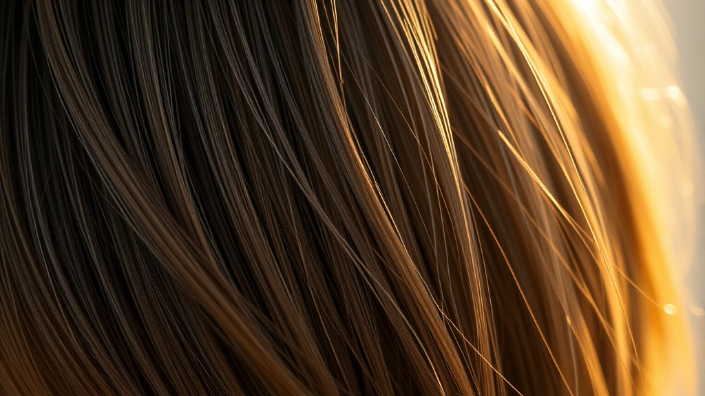 Close-up of someone's hair showing shine and volume improvement, golden-hour sunlight, healthy scalp visible, no text or labels, personal grooming focus