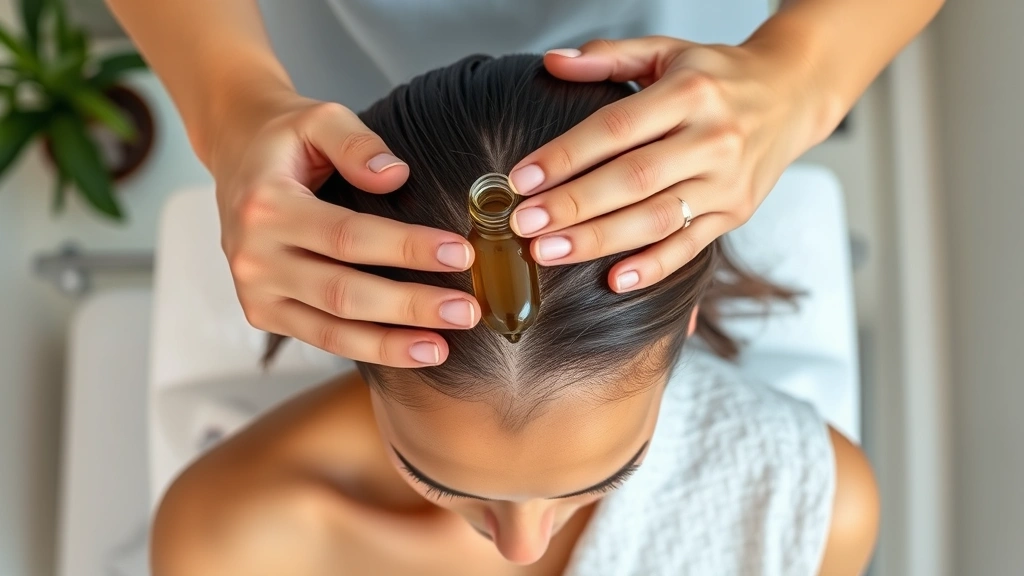 Overhead view of a person applying biotin oil to their scalp with proper massage technique, hands visible demonstrating correct circular motions, clean bathroom setting, photorealistic wellness moment