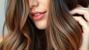 Close-up of healthy, shiny hair strands with visible volume and vitality, natural lighting emphasizing hair texture and luster, person with confident expression touching their hair