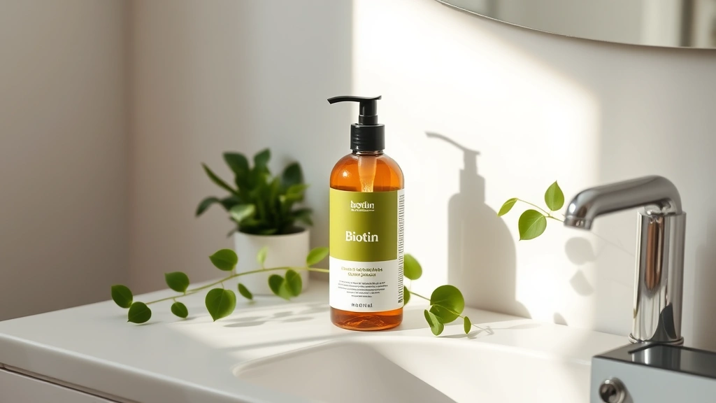 Minimalist bathroom vanity with biotin shampoo bottle displayed, fresh green plants, natural morning light creating soft shadows, emphasizing product quality and self-care routine