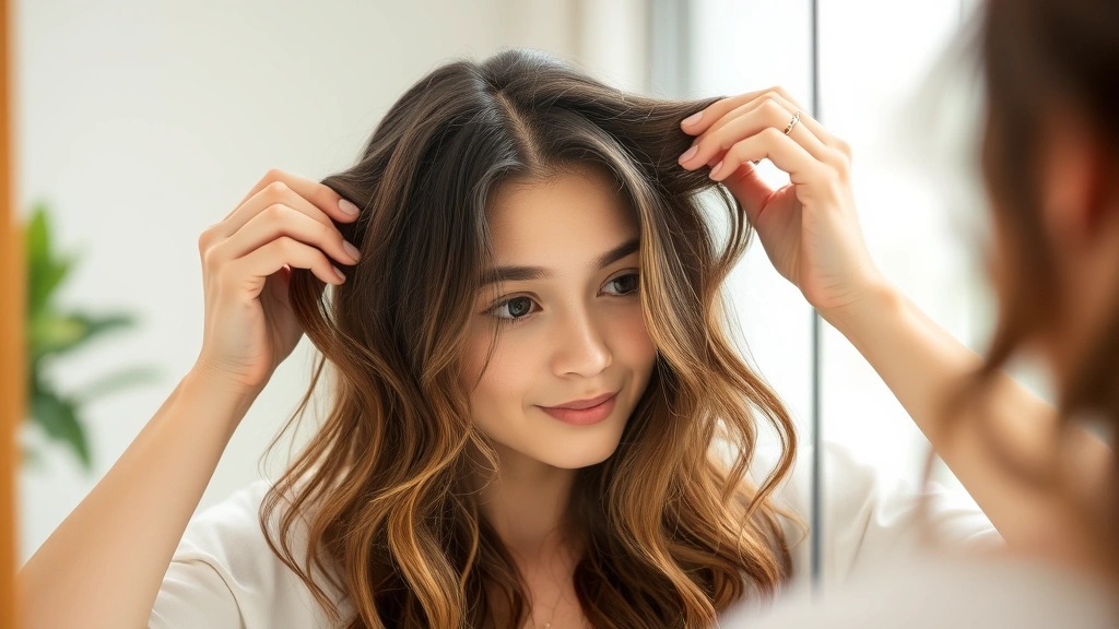 Person examining their hair in mirror with gentle hands, showing engagement in hair care routine, natural lighting, focus on hair health and personal wellness journey