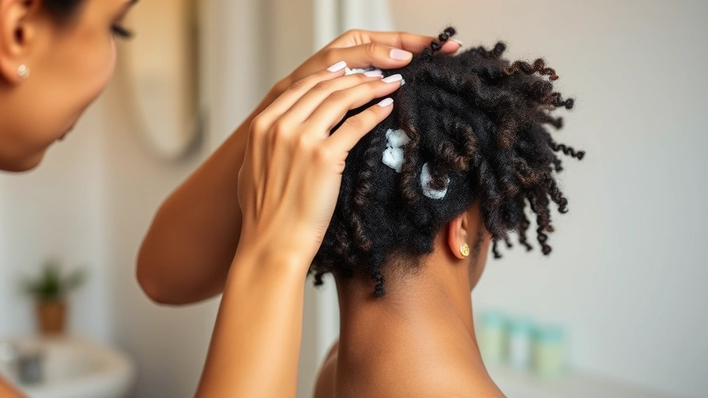 Woman applying deep conditioning treatment to her textured hair, focusing on scalp massage and nourishment, hands working product through coils, bathroom setting with warm lighting, product application technique