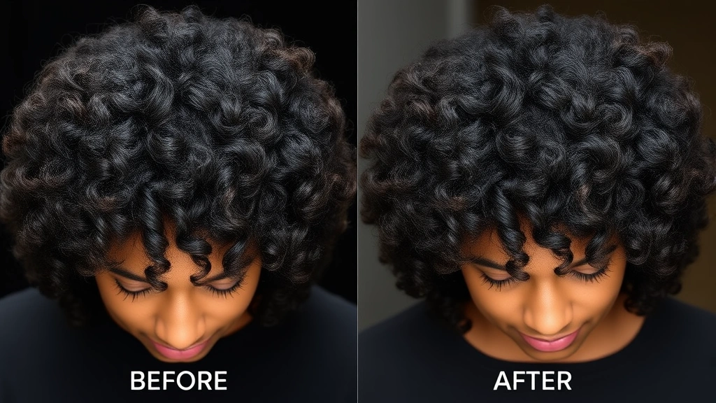 Before and after comparison showing hair health transformation, textured Black hair appearing fuller and more defined, person displaying improved hair shine and reduced breakage, professional lighting emphasizing hair quality