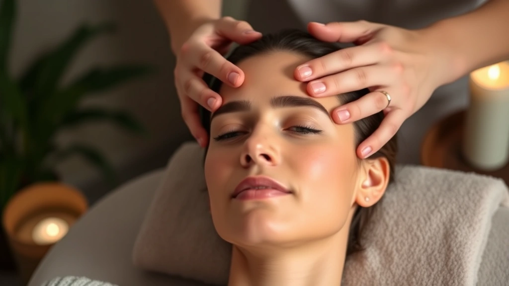 Person receiving scalp massage with focused, peaceful expression, hands gently massaging temples, serene spa-like environment with soft lighting, emphasizing relaxation and self-care commitment