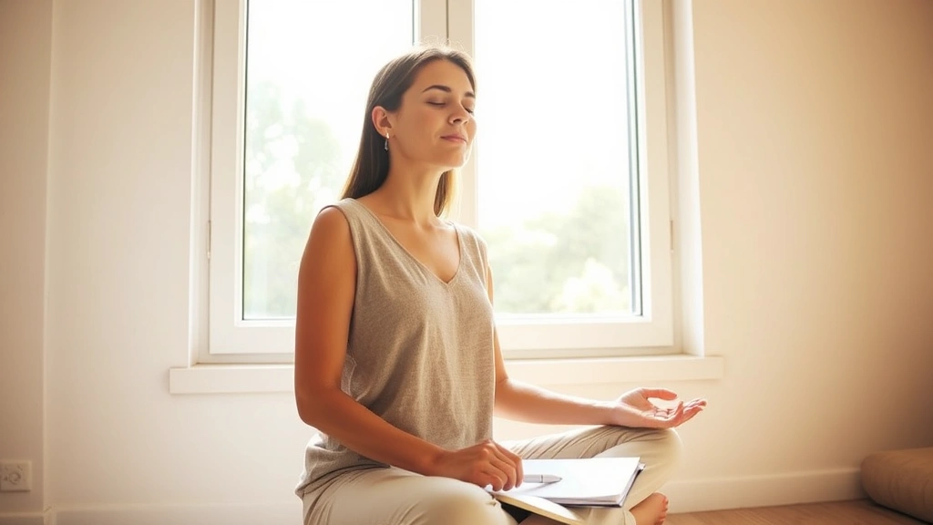 A woman sitting peacefully in morning sunlight by a window, eyes closed in meditation, notebook and pen on lap, serene expression reflecting inner calm and personal reflection during a growth journey