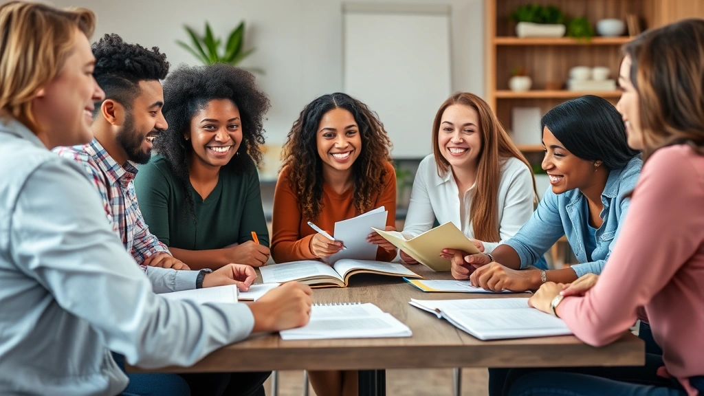 A diverse group of people engaged in collaborative learning around a table with books and notes, smiling and discussing ideas, demonstrating community support and shared growth in personal development