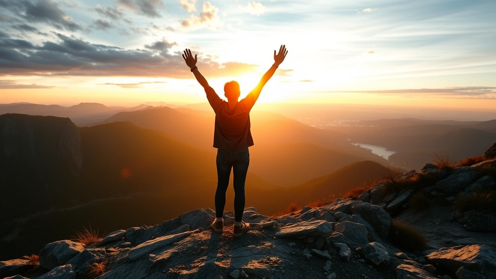 A person standing at sunrise on a mountain peak with arms raised in celebration and achievement, looking toward horizon with determination and confidence, symbolizing breakthrough and personal transformation