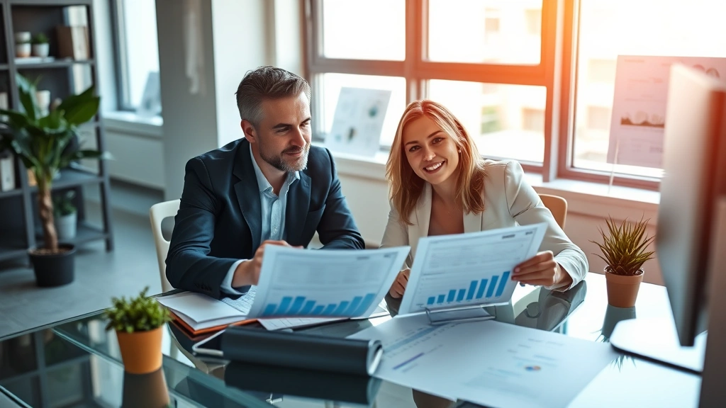 Professional financial advisor reviewing investment portfolio with client at modern desk, charts and graphs visible, confident and collaborative atmosphere, natural lighting from office windows