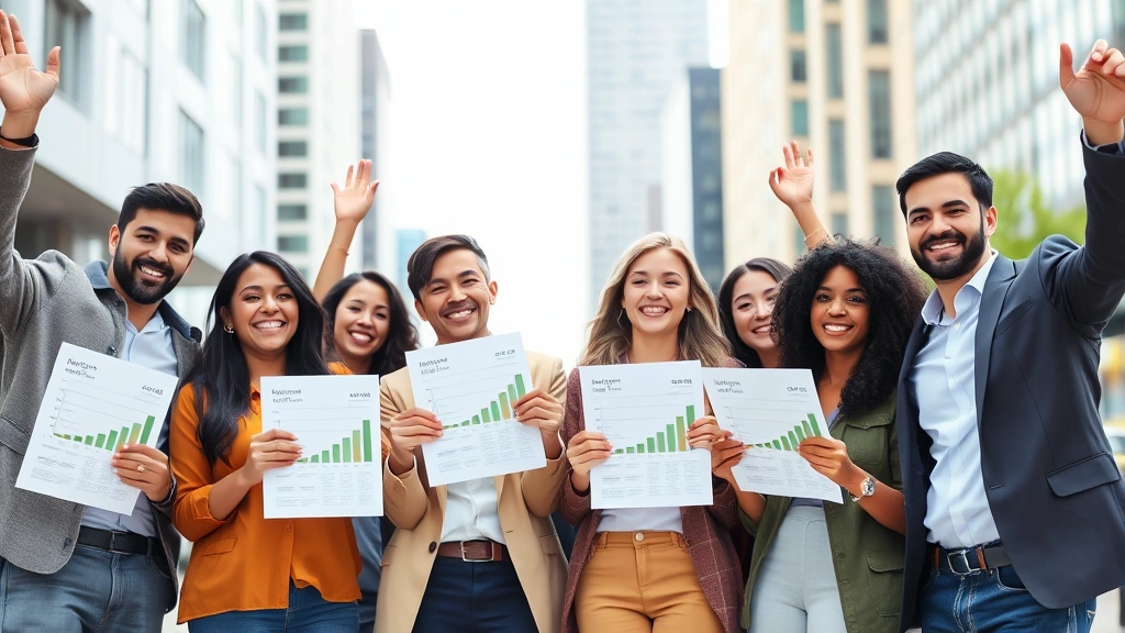 Diverse group of people celebrating financial success, holding documents showing investment growth, modern urban background, genuine smiles and positive energy, daytime setting