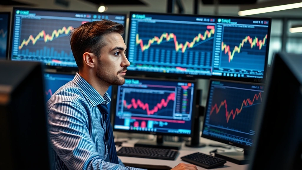 Businessman analyzing stock market data on multiple screens showing upward trending graphs, focused expression, contemporary office environment, professional attire, natural concentration