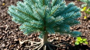 Young blue spruce tree in vibrant sunlight, fresh green-blue needles glistening with water droplets, surrounded by rich dark mulch, healthy root system visible above soil surface, serene garden background