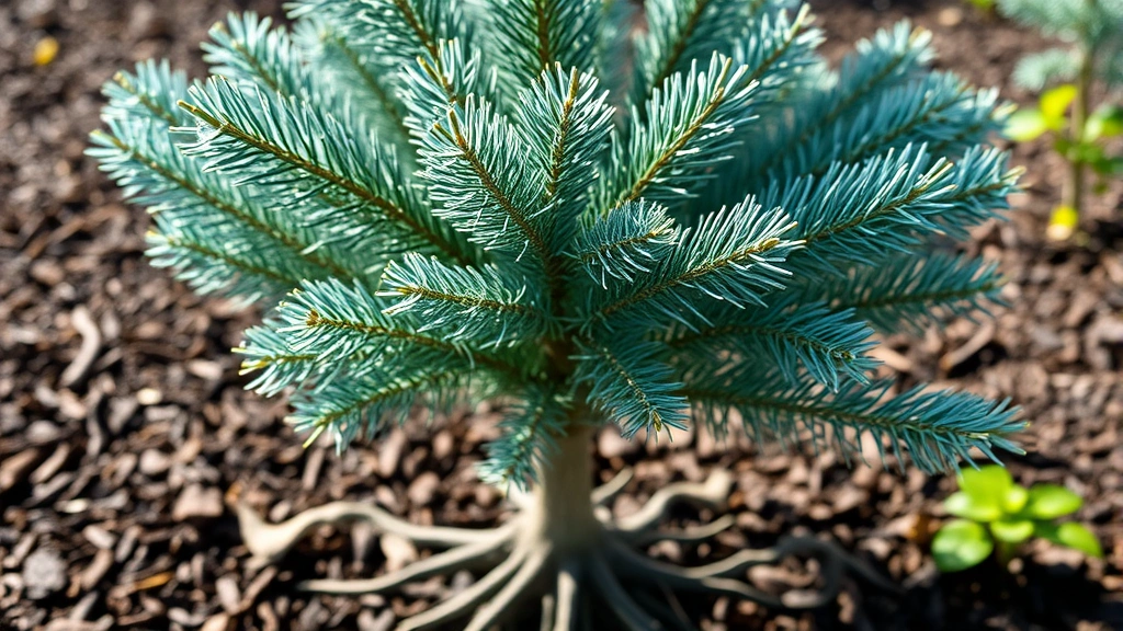 Young blue spruce tree in vibrant sunlight, fresh green-blue needles glistening with water droplets, surrounded by rich dark mulch, healthy root system visible above soil surface, serene garden background