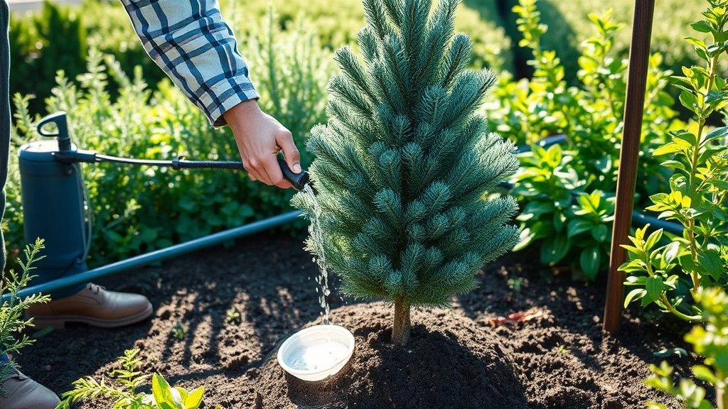 Professional gardener hand-watering base of blue spruce sapling, soil moisture visible, drip irrigation system setup, lush surrounding vegetation, morning light casting shadows, demonstrating proper hydration technique