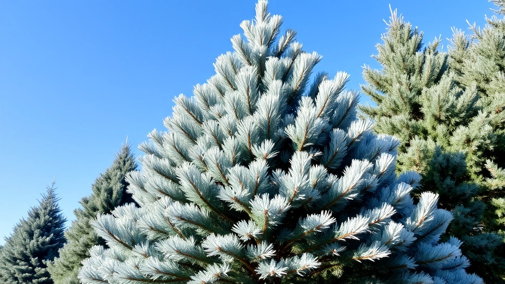 Mature blue spruce tree in full sunlight with brilliant silver-blue coloring, dense healthy branching structure, strong central leader, well-maintained landscape setting, clear blue sky background, exemplifying peak growth achievement
